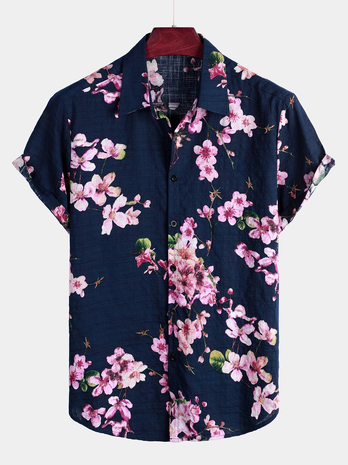 Men's Flower Print Cotton Floral Hawaiian Button Up Short Sleeve Shirt