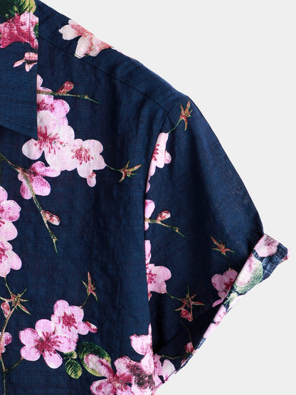 Men's Flower Print Cotton Floral Hawaiian Button Up Short Sleeve Shirt