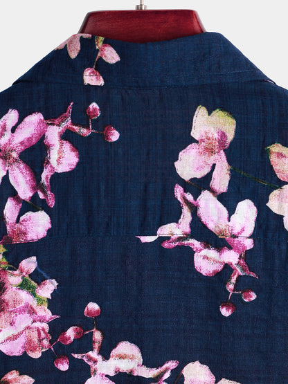 Men's Flower Print Cotton Floral Hawaiian Button Up Short Sleeve Shirt