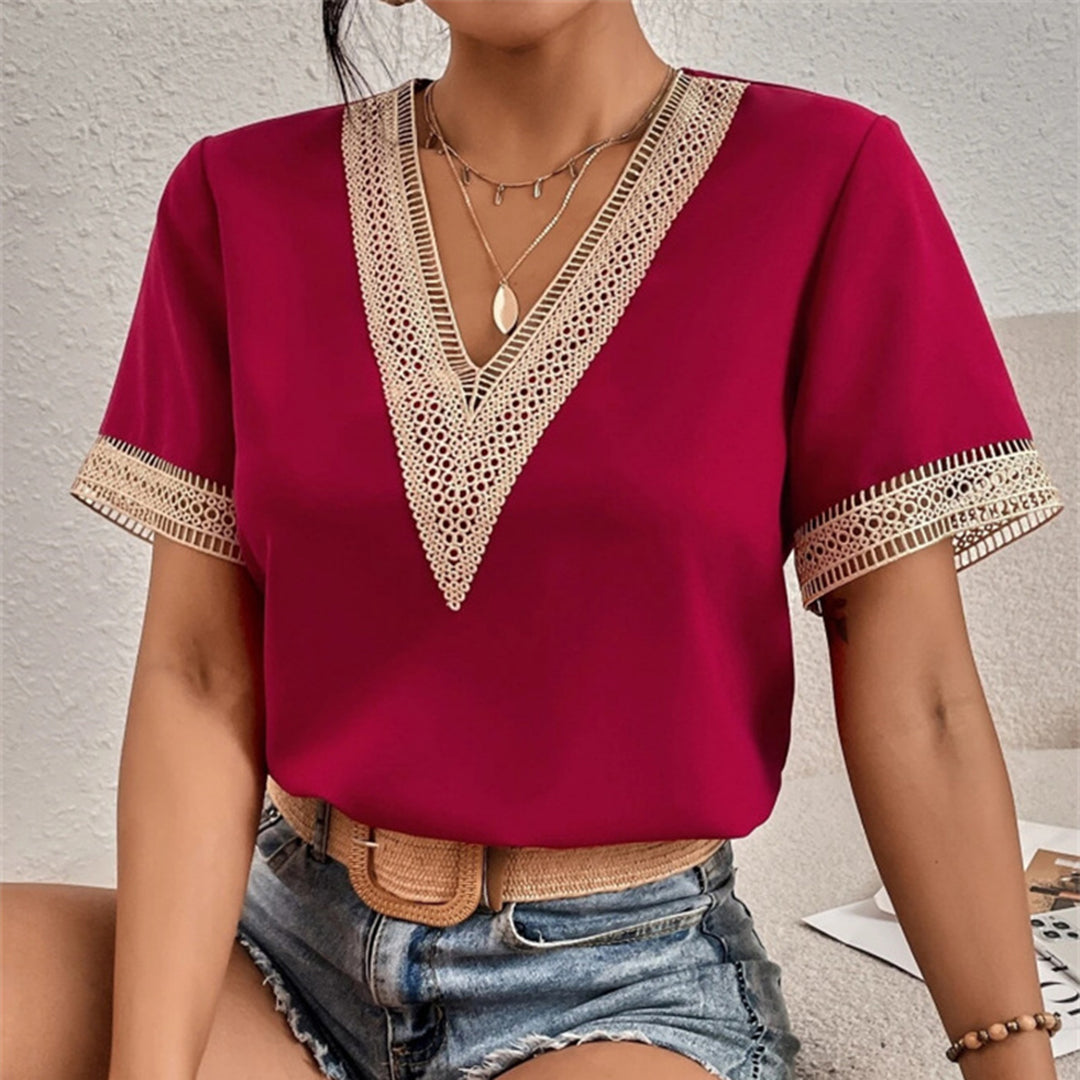 Women's V-Neck Gold Accent Blouse | Short Sleeves