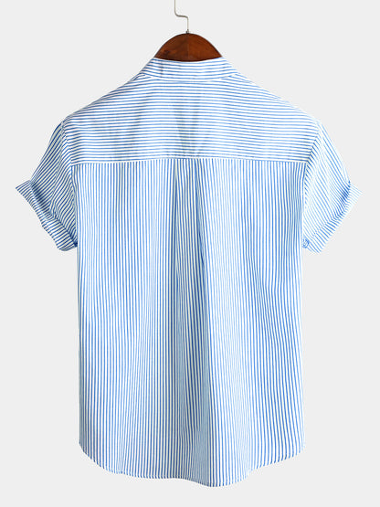 Men's Cotton Henley Breathable Stand Collar Solid Color Short Sleeve Classic Vertical Striped Shirt