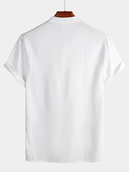 Men's Solid Color Stand Collar Half Button Pocket Front Shirt