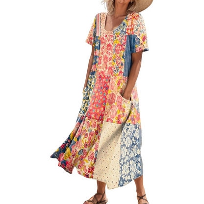 Women's Short-Sleeved Printed Long Dress
