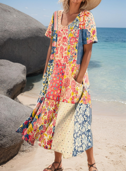 Women's Short-Sleeved Printed Long Dress