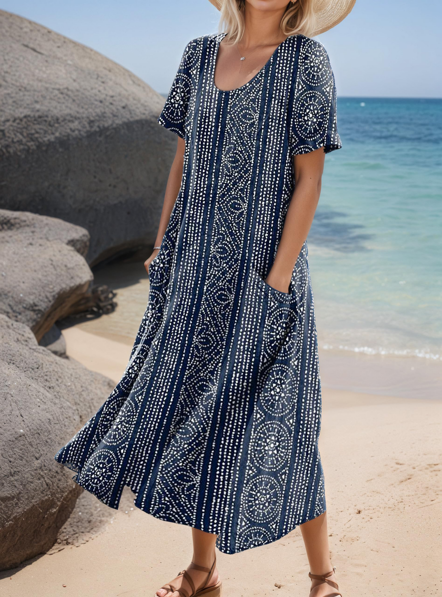 Women's Short-Sleeved Printed Long Dress