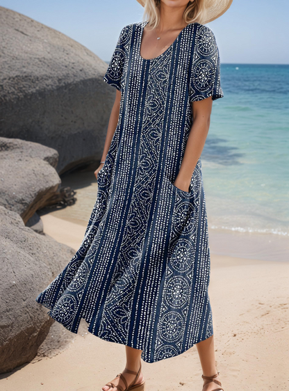 Women's Short-Sleeved Printed Long Dress