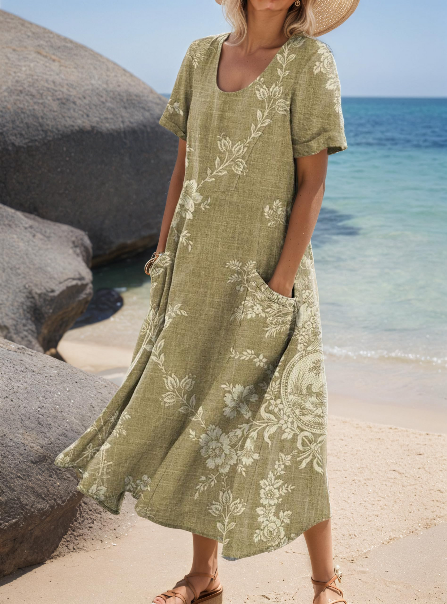 Women's Short-Sleeved Printed Long Dress