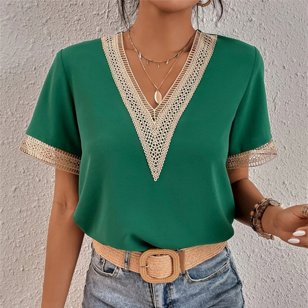 Women's V-Neck Gold Accent Blouse | Short Sleeves