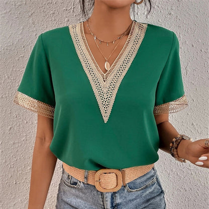 Women's V-Neck Gold Accent Blouse | Short Sleeves