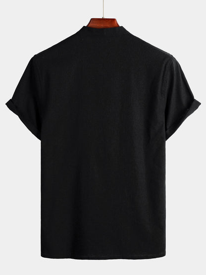 Men's Solid Color Stand Collar Half Button Pocket Front Shirt