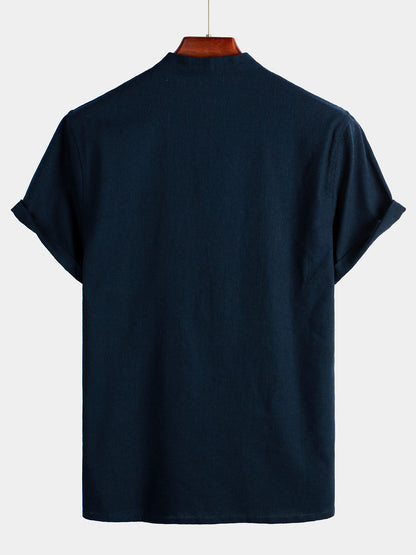 Men's Solid Color Stand Collar Half Button Pocket Front Shirt