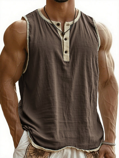 Men's Vintage Breathable Linen Sleeveless Henley Three-Button T-Shirt