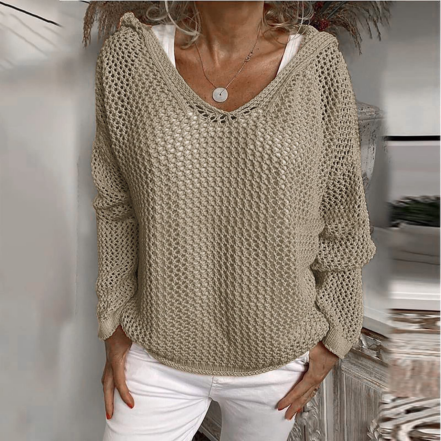 Knitted Hooded Lightweight Loose-Fit Sun-Protective Sweater