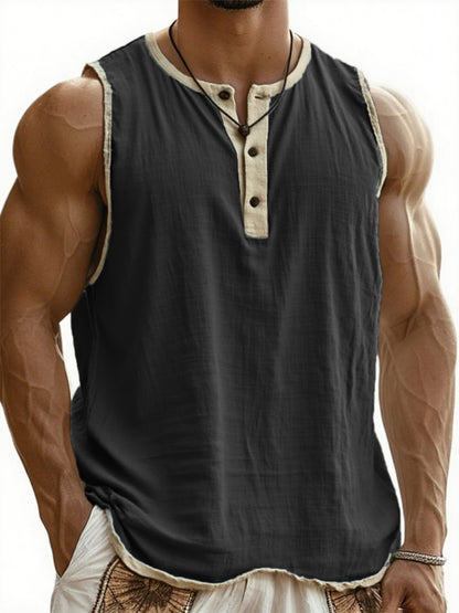 Men's Vintage Breathable Linen Sleeveless Henley Three-Button T-Shirt