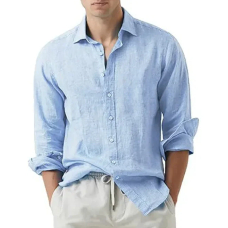 Men's Solid Color Casual Cotton and Linen Lightweight Breathable Long-Sleeved Shirt