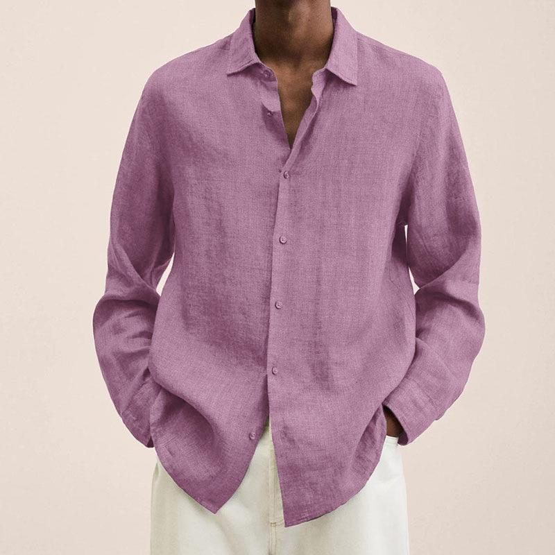 Men's Long Sleeve V-Neck Loose Button Cotton and Linen Cardigan Shirt