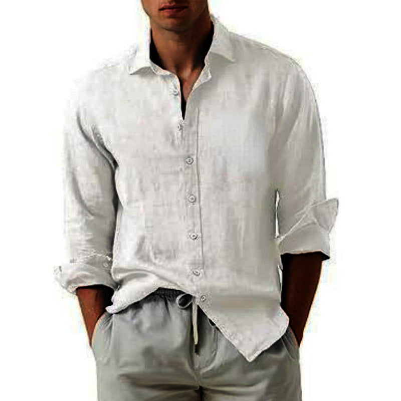 Men's Solid Color Casual Cotton and Linen Lightweight Breathable Long-Sleeved Shirt