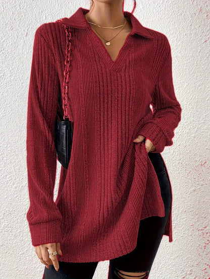 Slit Johnny Collar Long Sleeve Top