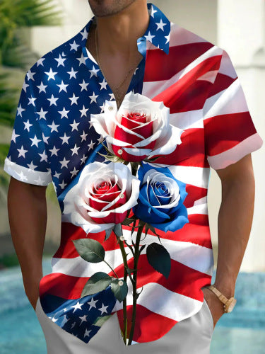 Men's Vintage Independence Day Flag Print Casual Shirt (With Pockets)