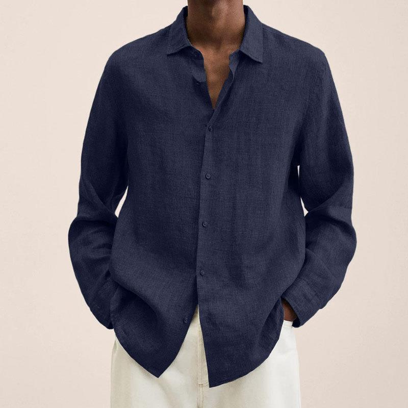 Men's Long Sleeve V-Neck Loose Button Cotton and Linen Cardigan Shirt