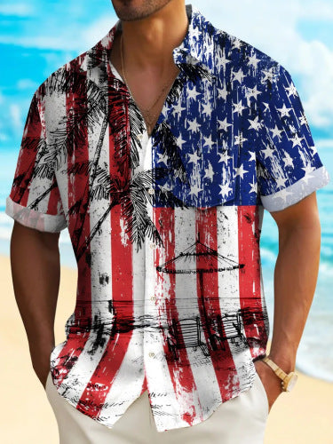 Men's Vintage Independence Day Flag Print Casual Shirt (With Pockets)