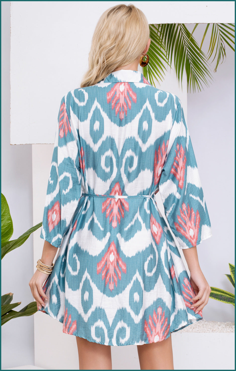 2025 new beach sun-protective cardigan printed cinched-waist bikini swimsuit jacket