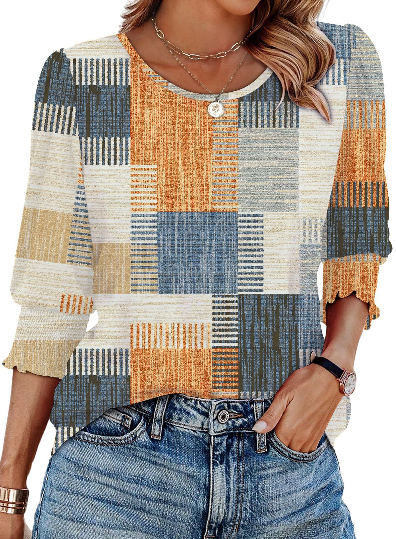 Ladies' casual round-neck three-quarter sleeve top summer printed casual T-shirt