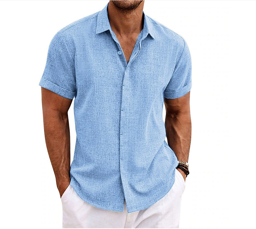 Men's Cotton and Linen Pullover Shirt Button-Down Everyday Hawaiian Short Sleeve Shirt