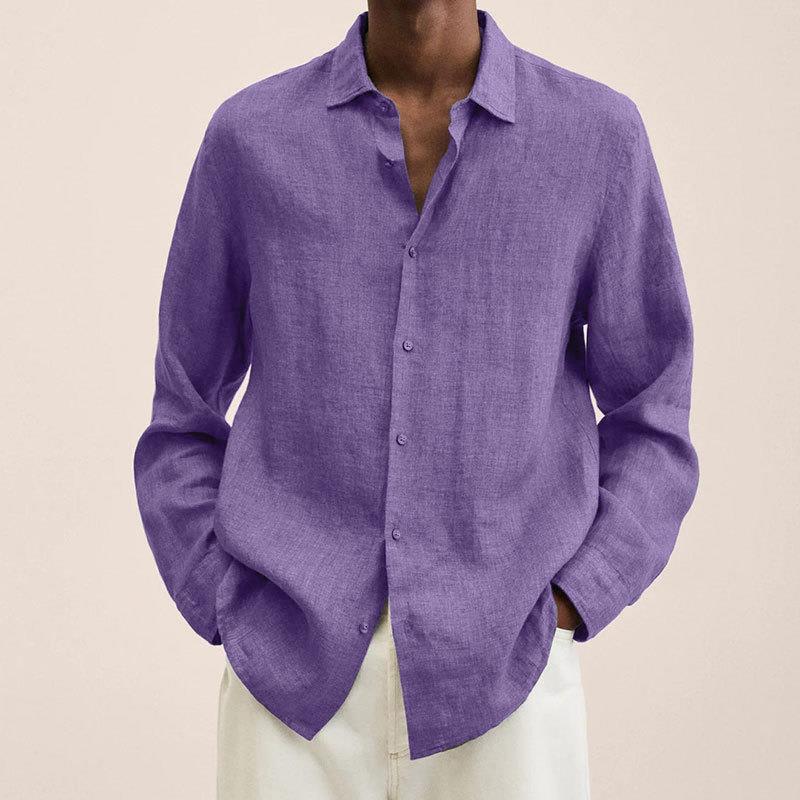Men's Long Sleeve V-Neck Loose Button Cotton and Linen Cardigan Shirt