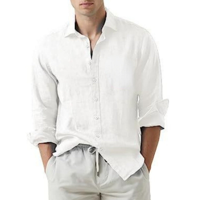 Men's Solid Color Casual Cotton and Linen Lightweight Breathable Long-Sleeved Shirt