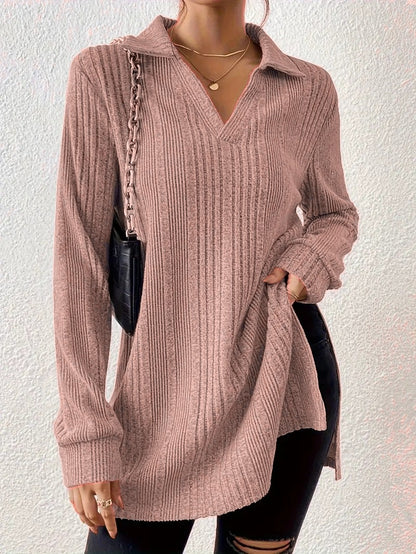 Slit Johnny Collar Long Sleeve Top