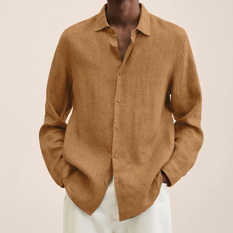 Men's Long Sleeve V-Neck Loose Button Cotton and Linen Cardigan Shirt