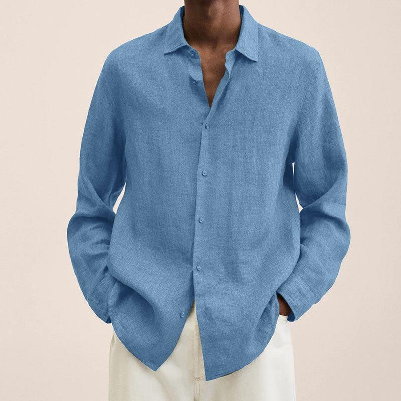 Men's Long Sleeve V-Neck Loose Button Cotton and Linen Cardigan Shirt