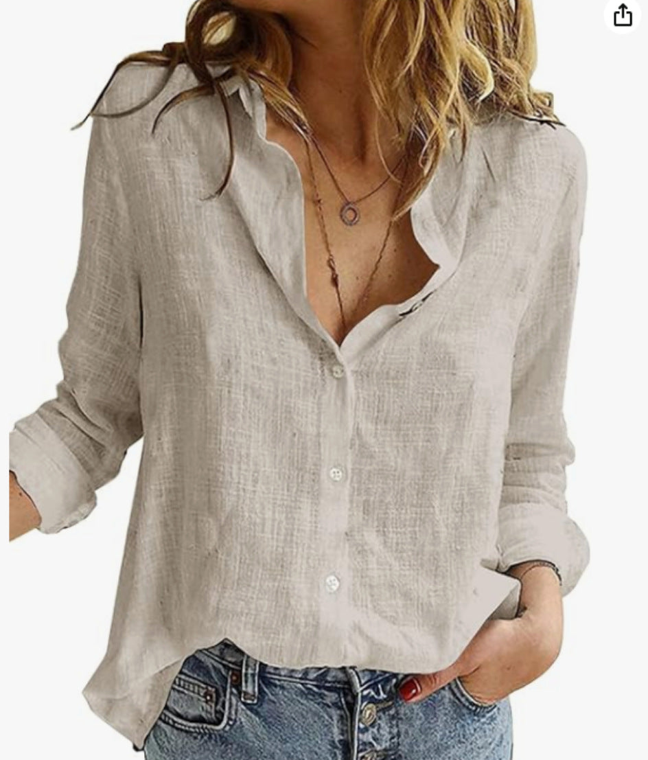 Womens V Neck Roll up Sleeve Button Down Blouses Tops