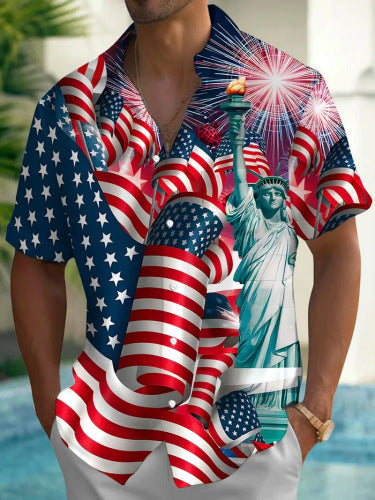 Men's Vintage Independence Day Flag Print Casual Shirt (With Pockets)