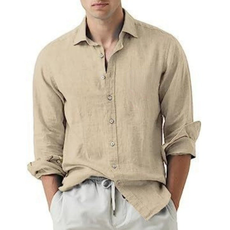 Men's Solid Color Casual Cotton and Linen Lightweight Breathable Long-Sleeved Shirt