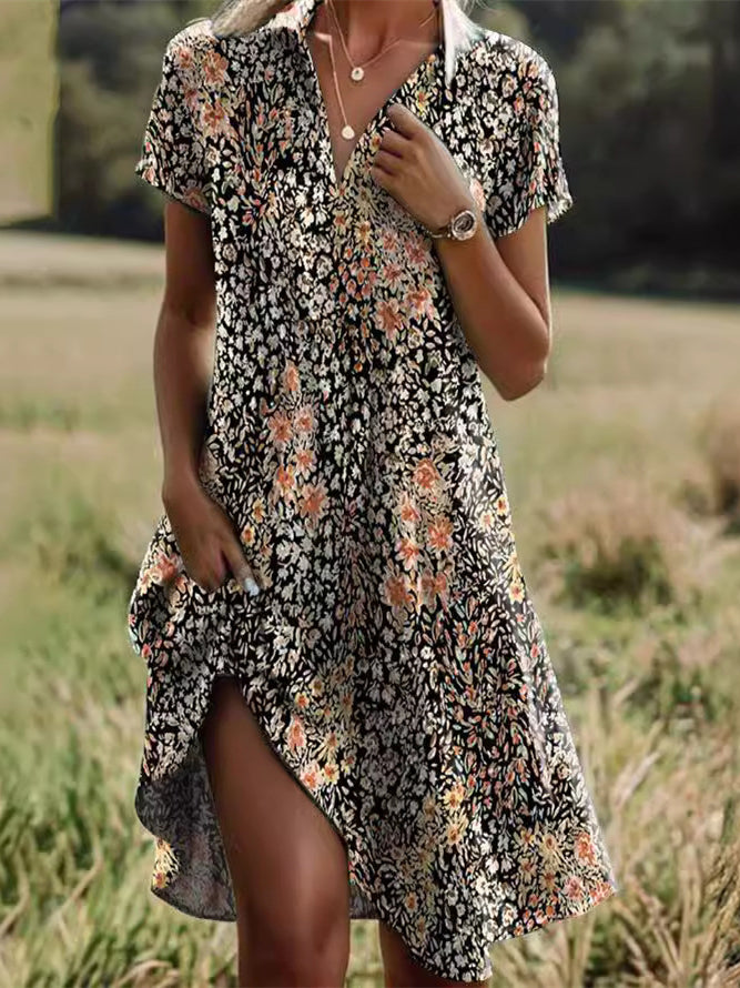Casual Ditsy Floral Polo Collar Dress