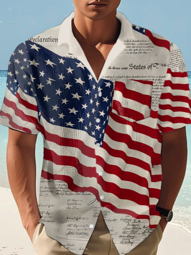 Men's Vintage Independence Day Flag Print Casual Shirt (With Pockets)