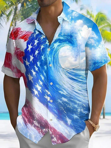 Men's Vintage Independence Day Flag Print Casual Shirt (With Pockets)