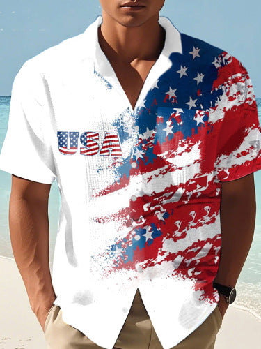 Men's Vintage Independence Day Flag Print Casual Shirt (With Pockets)