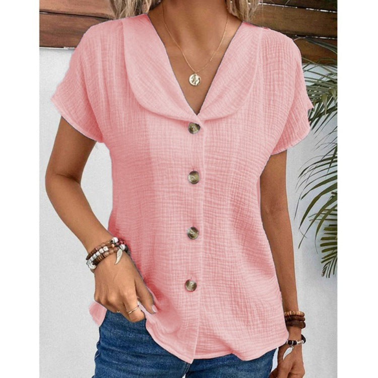 Summer new solid color short-sleeved cardigan button women's tops thin style