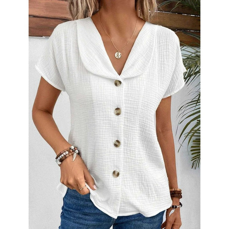 Summer new solid color short-sleeved cardigan button women's tops thin style