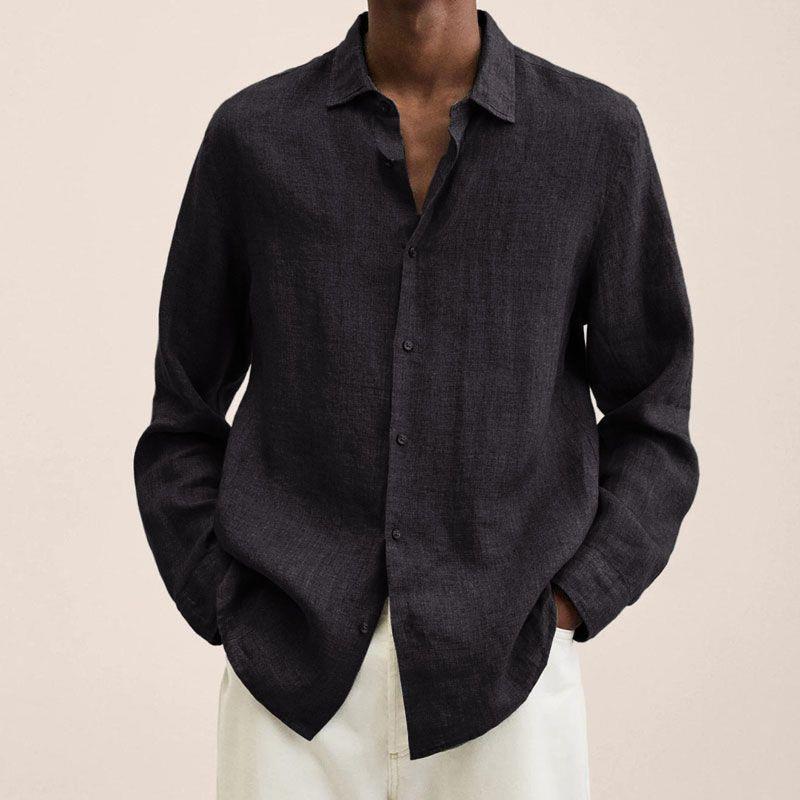 Men's Long Sleeve V-Neck Loose Button Cotton and Linen Cardigan Shirt