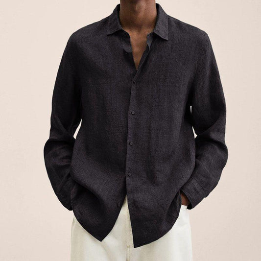 Men's Long Sleeve V-Neck Loose Button Cotton and Linen Cardigan Shirt