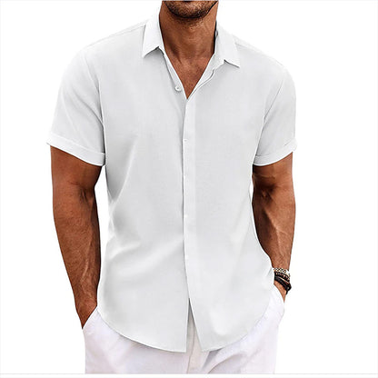 Men's Cotton and Linen Pullover Shirt Button-Down Everyday Hawaiian Short Sleeve Shirt