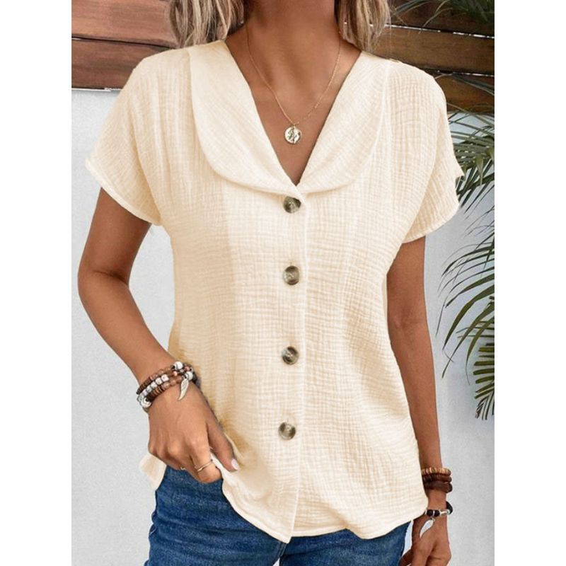 Summer new solid color short-sleeved cardigan button women's tops thin style