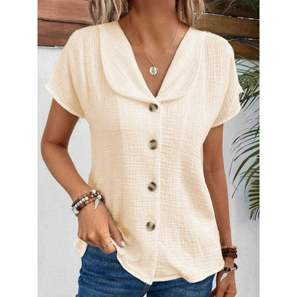 Summer new solid color short-sleeved cardigan button women's tops thin style