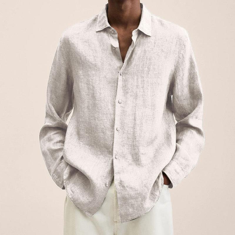 Men's Long Sleeve V-Neck Loose Button Cotton and Linen Cardigan Shirt