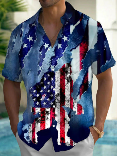 Men's Vintage Independence Day Flag Print Casual Shirt (With Pockets)