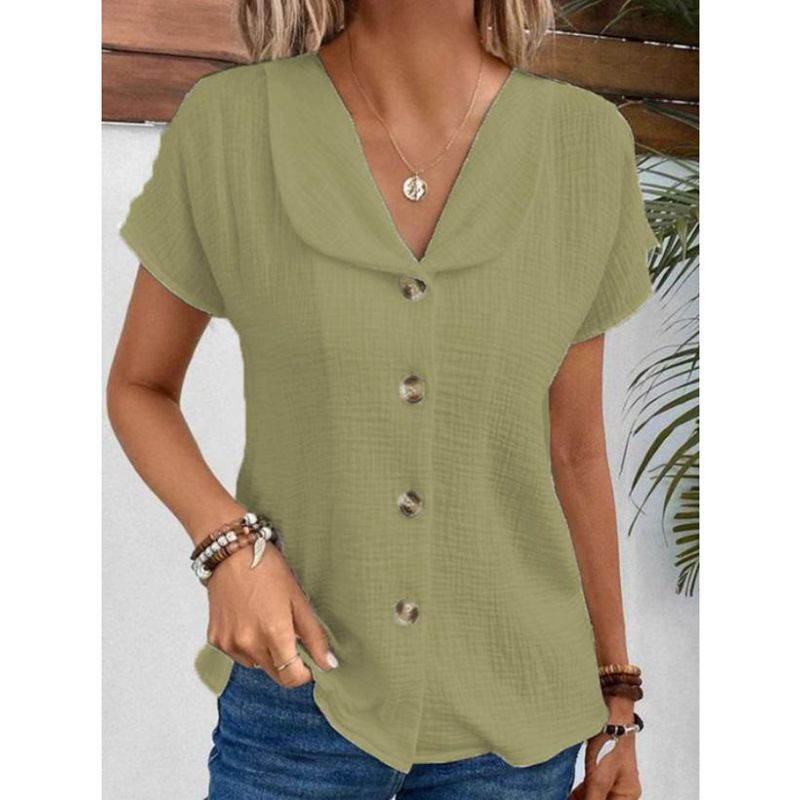 Summer new solid color short-sleeved cardigan button women's tops thin style